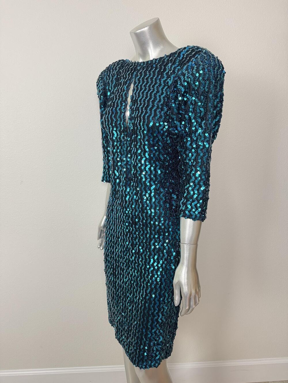 Vintage David Howard Sequin Dress Womens S/M Blue 80s Stuctured Shoulder